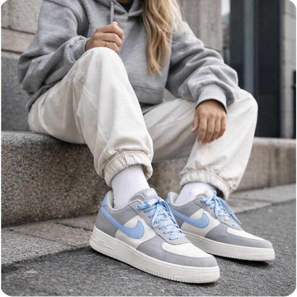 Wmns Nike Air Force 1 Blue Gray Sz 9.5 Canvas Toe Box Platform Lt Blue Swoosh